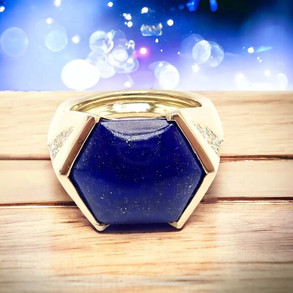 Authentic! Julius Cohen 18k Yellow Gold Diamond Lapis Ring - Picture 2 of 13